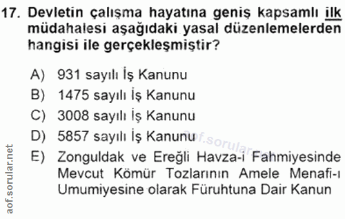 17. soru: Devletin çalışma hayatına geniş kapsamlı ilk müdahalesi aşağıdaki yasal düzenlemelerden hangisi ile gerçekleşmiştir?…