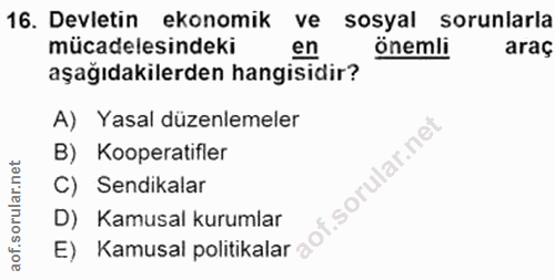 16. soru: Devletin ekonomik ve sosyal sorunlarla mücadelesindeki en önemli araç aşağıdakilerden hangisidir? A) Yasal düzenlemel…