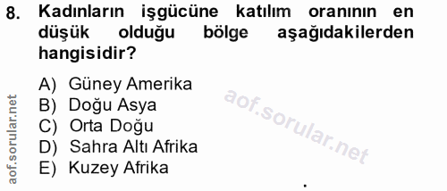 8. soru: Kadınların işgücüne katılım oranının en düşük olduğu bölge aşağıdakilerden hangisidir? A) Güney Amerika B) Doğu Asya…