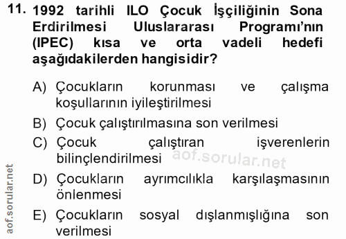 11. soru: 1992 tarihli ILO Çocuk İşçiliğinin Sona Erdirilmesi Uluslararası Programı'nın (IPEC) kısa ve orta vadeli hedefi aşağı…