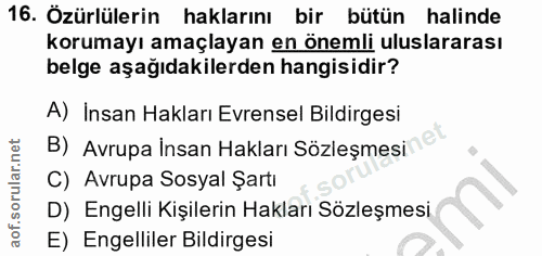 16. soru: Özürlülerin haklarını bir bütün halinde korumayı amaçlayan en önemli uluslararası belge aşağıdakilerden hangisidir? A…