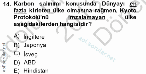 14. soru: Karbon salınımı konusunda Dünyayı en fazla kirleten ülke olmasına rağmen, Kyoto Protokolü'nü imzalamayan ülke aşağıda…
