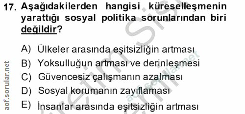 17. soru: Aşağıdakilerden hangisi , küreselleşmenin yarattığı sosyal politika sorunlarından biri değildir? A) Ülkeler arasında…