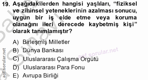 19. soru: Aşağıdakilerden hangisi yaşlıları, "fiziksel ve zihinsel yeteneklerinin azalması sonucu, uygun bir iş elde etme veya…