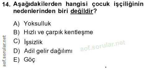 14. soru: Aşağıdakilerden hangisi çocuk işçiliğinin nedenlerinden biri değildir? A) Yoksulluk B) Hızlı ve çarpık kentleşme C) İ…