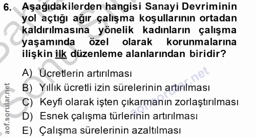 6. soru: Aşağıdakilerden hangisi Sanayi Devriminin yol açtığı ağır çalışma koşullarının ortadan kaldırılmasına yönelik kadınla…