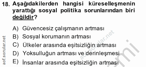 18. soru: Aşağıdakilerden hangisi küreselleşmenin yarattığı sosyal politika sorunlarından biri değildir? A) Güvencesiz çalışman…