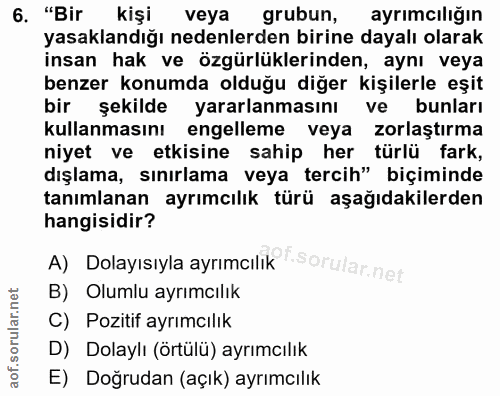 6. soru: "Bir kişi veya grubun, ayrımcılığın yasaklandığı nedenlerden birine dayalı olarak insan hak ve özgürlüklerinden, aynı…