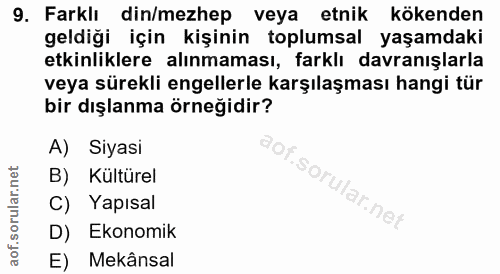 9. soru: Farklı din/mezhep veya etnik kökenden geldiği için kişinin toplumsal yaşamdaki etkinliklere alınmaması, farklı davran…