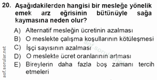 20. soru: Aşağıdakilerden hangisi bir mesleğe yönelik emek arz eğrisinin bütünüyle sağa kaymasına neden olur? A) Alternatif mes…