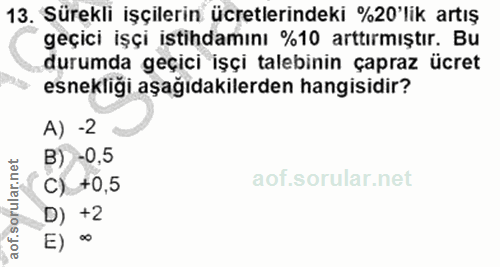 13. soru: Sürekli işçilerin ücretlerindeki %20'lik artış geçici işçi istihdamını %10 arttırmıştır. Bu durumda geçici işçi taleb…