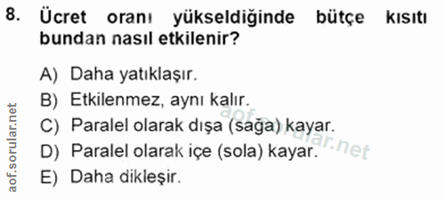 8. soru: Ücret oranı yükseldiğinde bütçe kısıtı bundan nasıl etkilenir? A) Daha yatıklaşır. B) Etkilenmez, aynı kalır. C) Para…