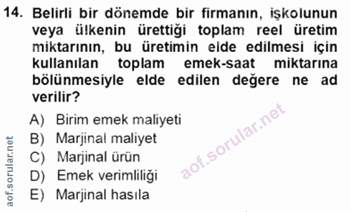 14. soru: Belirli bir dönemde bir firmanın, işkolunun veya ülkenin ürettiği toplam reel üretim miktarının, bu üretimin elde edi…