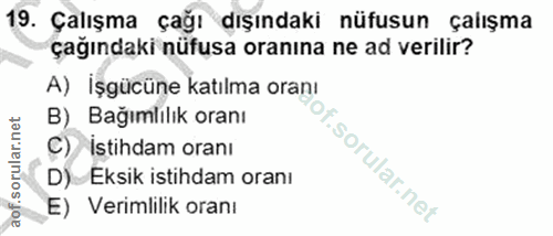 19. soru: Çalışma çağı dışındaki nüfusun çalışma çağındaki nüfusa oranına ne ad verilir? A) işgücüne katılma oranı B) Bağımlılı…