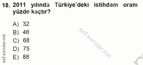 18. soru: 2011 yılında Türkiye'deki istihdam oranı yüzde kaçtır? A) 32 B) 46 rular. C) 68 D) 75 aof.so E) 88