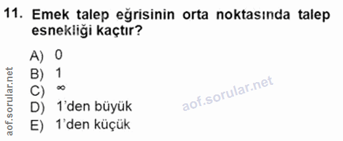 11. soru: Emek talep eğrisinin orta noktasında talep esnekliği kaçtır? A) 0 B) 1 C) 00 D) 1'den büyük E) 1'den küçük