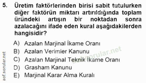5. soru: Üretim faktörlerinden birisi sabit tutulurken diğer faktörün miktarı artırıldığında toplam üründeki artışın bir nokta…