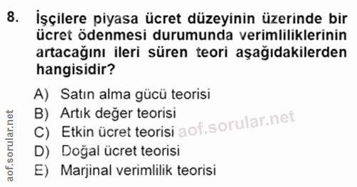 8. soru: Işçilere piyasa ücret düzeyinin üzerinde bir ücret ödenmesi durumunda verimliliklerinin artacağını ileri süren teori…