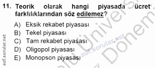 11. soru: Teorik olarak hangi piyasada ücret farklılıklarından söz edilemez? A) Eksik rekabet piyasası B) Tekel piyasası C) Tam…