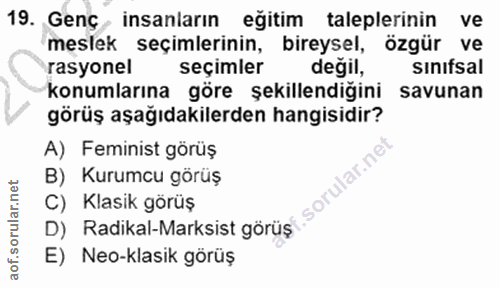 19. soru: Genç insanların eğitim taleplerinin ve meslek seçimlerinin, bireysel, özgür ve rasyonel seçimler değil, sinifsal konu…
