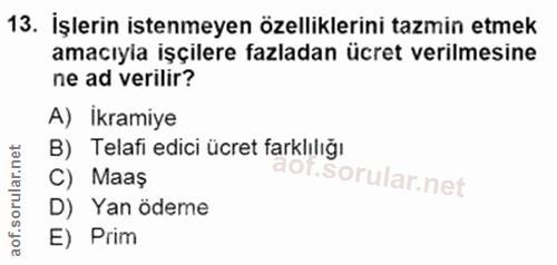 13. soru: İşlerin istenmeyen özelliklerini tazmin etmek amacıyia işçilere fazladan ücret verilmesine ne ad verilir? A) Ikramiye…