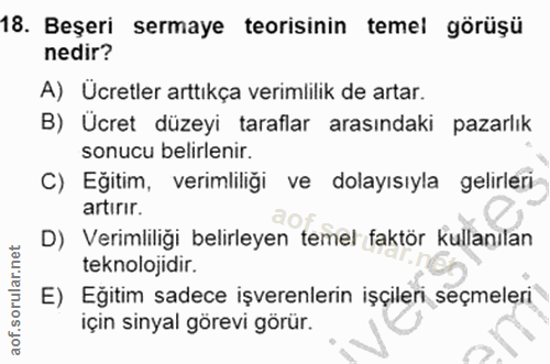 18. soru: Beşeri sermaye teorisinin temel görüşü nedir? A) Ücretler arttıkça verimlilik de artar. B) Ücret düzeyi taraflar aras…