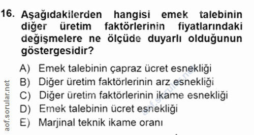 16. soru: Aşağıdakilerden hangisi emek talebinin diğer üretim faktörlerinin fiyatlarındaki değişmelere ne ölçüde duyarlı olduğu…
