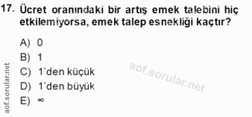 17. soru: Ücret oranındaki bir artış emek talebini hiç etkilemiyorsa, emek talep esnekliği kaçtır? A) O B) 1 C) 1'den küçük D)…