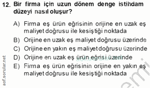 12. soru: Bir firma için uzun dönem denge istihdam düzeyi nasıl oluşur? A) Firma eş ürün eğrisinin orijine en uzak eş maliyet d…