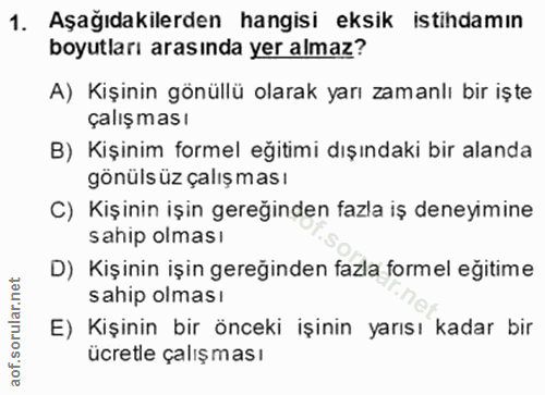 1. soru: Aşağıdakilerden hangisi eksik istihdamın boyutları arasında yer almaz? A) Kişinin gönüllü olarak yarı zamanlı bir işt…