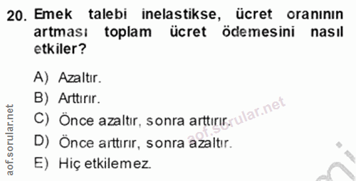 20. soru: Emek talebi inelastikse, ücret oranının artması toplam ücret ödemesini nasil etkiler? A) Azaltır. C) Once azaltir, so…