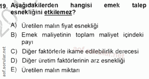 19. soru: Aşağıdakilerden hangisi emek talep esnekliğini etkilemez? A) Uretilen malın fiyat esnekliği B) Emek maliyetinin topla…