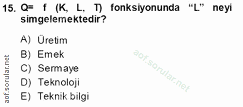 15. soru: Q= f (K, L, T) fonksiyonunda "L" neyi simgelemektedir? A) Üretim B) Emek C) Sermaye D) Teknoloji E) Teknik bilgi