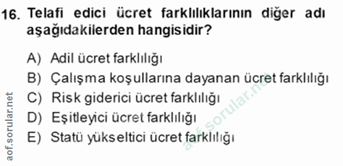 16. soru: Telafi edici ücret farklılıklarının diger adı aşağıdakilerden hangisidir? A) Adil ücret farklılığı B) Çalışma koşulla…