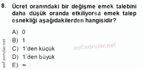 8. soru: Ücret oranındaki bir değişme emek talebini daha düşük oranda etkiliyorsa emek talep esnekligi aşağıdakilerden hangisi…