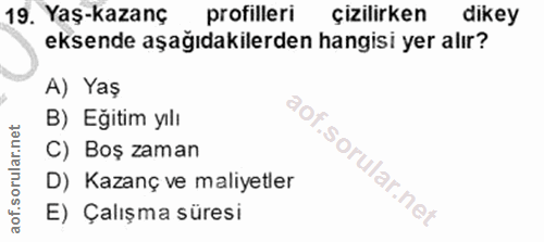 19. soru: Yaş-kazanç profilleri çizilirken dikey eksende aşağıdakilerden hangisi yer alır? A) Yaş B) Eğitim yılı C) Boş zaman D…