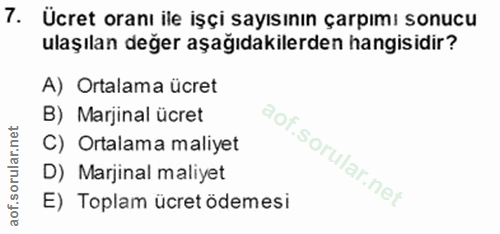 7. soru: Ücret oranı ile işçi sayısının çarpımı sonucu ulaşılan değer aşağıdakilerden hangisidir? A) Ortalama ücret B) Marjina…