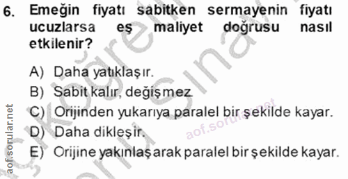 6. soru: Emeğin fiyatı sabitken sermayenin fiyatı ucuzlarsa eş maliyet doğrusu nasil etkilenir? A) Daha yatıklaşır. B) Sabit k…