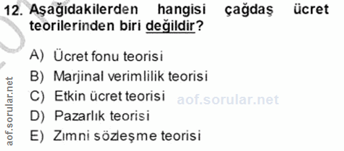 12. soru: Aşağıdakilerden hangisi çağdaş ücret teorilerinden biri değildir? A) Ücret fonu teorisi B) Marjinal verimlilik teoris…