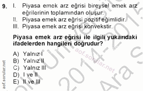 9. soru: I. Piyasa emek arz eğrisi bireysel emek arz eğrilerinin toplamından oluşur. Il. Piyasa emek arz eğrisi pozitif eğimli…