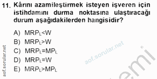 11. soru: Kärını azamileştirmek isteyen işveren için istihdamını durma noktasına ulaştıracağı durum aşağıdakilerden hangisidir?…