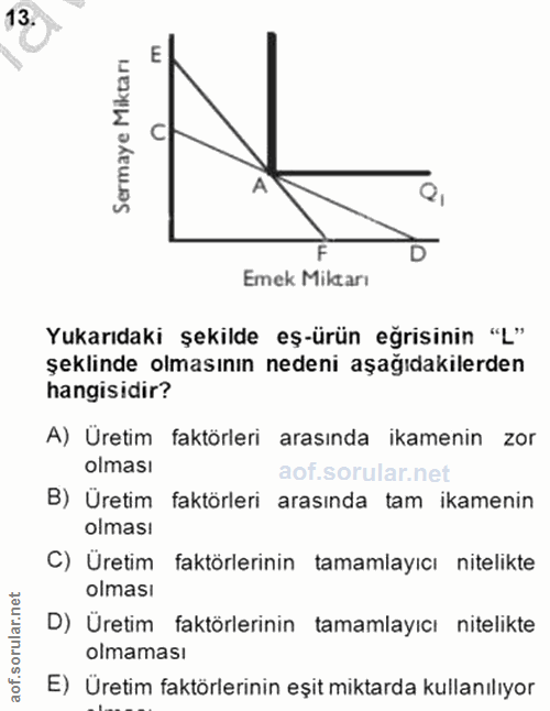 13. soru: Sermaye Miktarı E F Emek Miktarı Yukarıdaki şekilde eş-ürün eğrisinin "L" şeklinde olmasının nedeni aşağıdakilerden h…