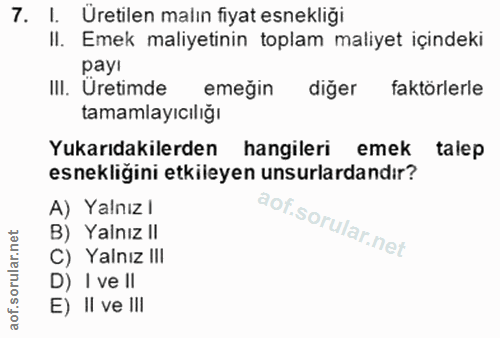 7. soru: I. Üretilen malın fiyat esnekliği II. Emek maliyetinin toplam maliyet içindeki payi III. Uretimde emegin diger faktör…