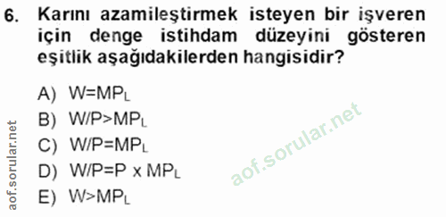 6. soru: Karını azamileştirmek isteyen bir işveren için denge istihdam düzeyini gösteren eşitlik aşağıdakilerden hangisidir? A…