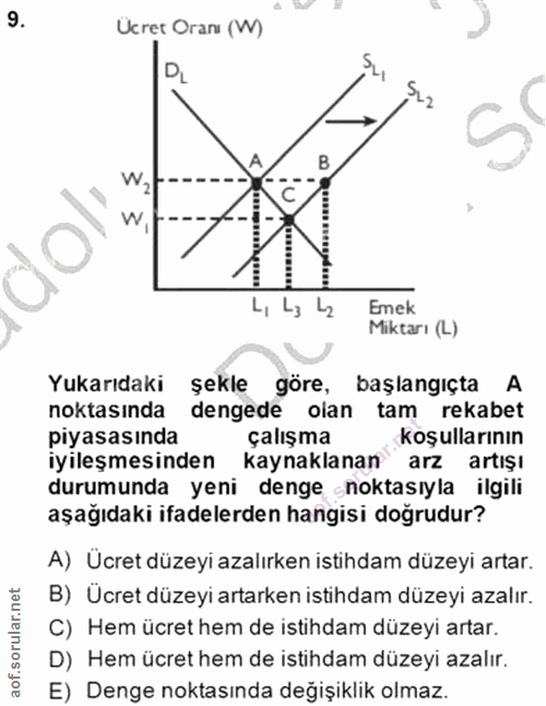 9. soru: Ucret Oran (W) DL W W L, Ly 42 Emek Miktarı (L) Yukarıdaki şekle göre, başlangıçta A noktasında dengede olan tam reka…