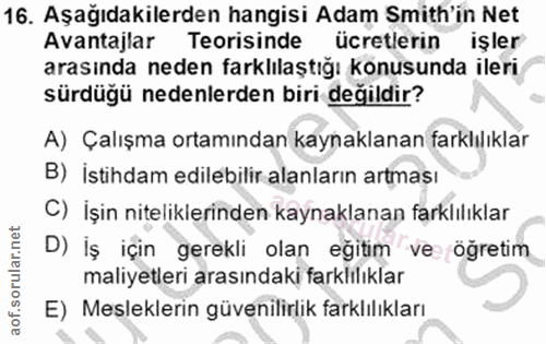 16. soru: Aşağıdakilerden hangisi Adam Smith'in Net Avantajlar Teorisinde ücretlerin işler arasında neden farklılaştığı konusun…