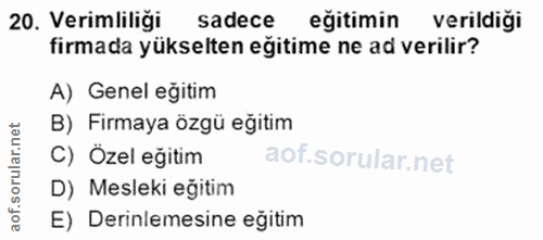 20. soru: Verimliliği sadece eğitimin verildiği firmada yükselten eğitime ne ad verilir? A) Genel eğitim B) Firmaya özgü eğitim…