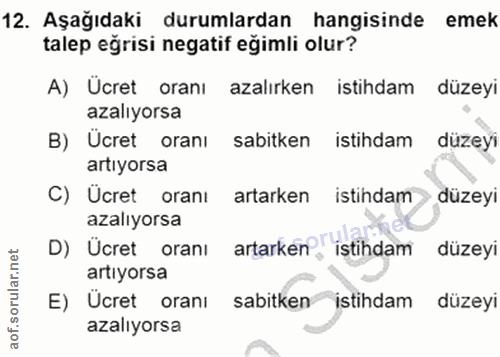 12. soru: Aşağıdaki durumlardan hangisinde emek talep eğrisi negatif eğimli olur? A) Ücret oranı azalırken istihdam düzeyi azal…