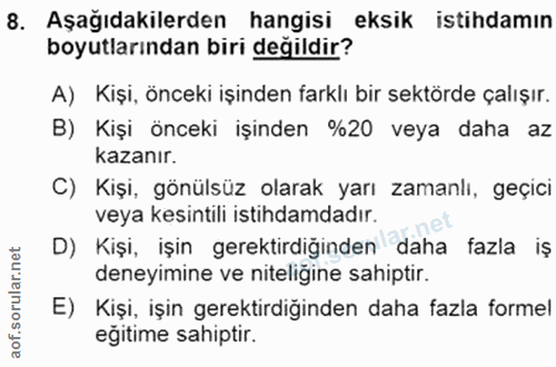 8. soru: Aşağıdakilerden hangisi eksik istihdamın boyutlarından biri değildir? A) Kişi, önceki işinden farklı bir sektörde çal…