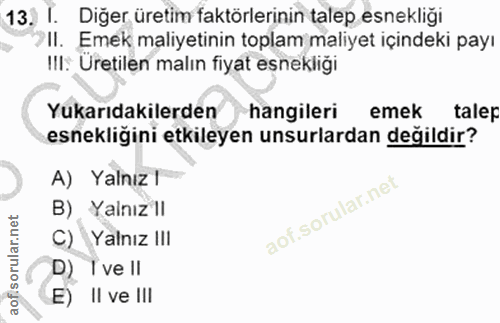 13. soru: I. Diğer üretim faktörlerinin talep esnekliği II. Emek maliyetinin toplam maliyet içindeki payı IlI: Uretilen malın f…